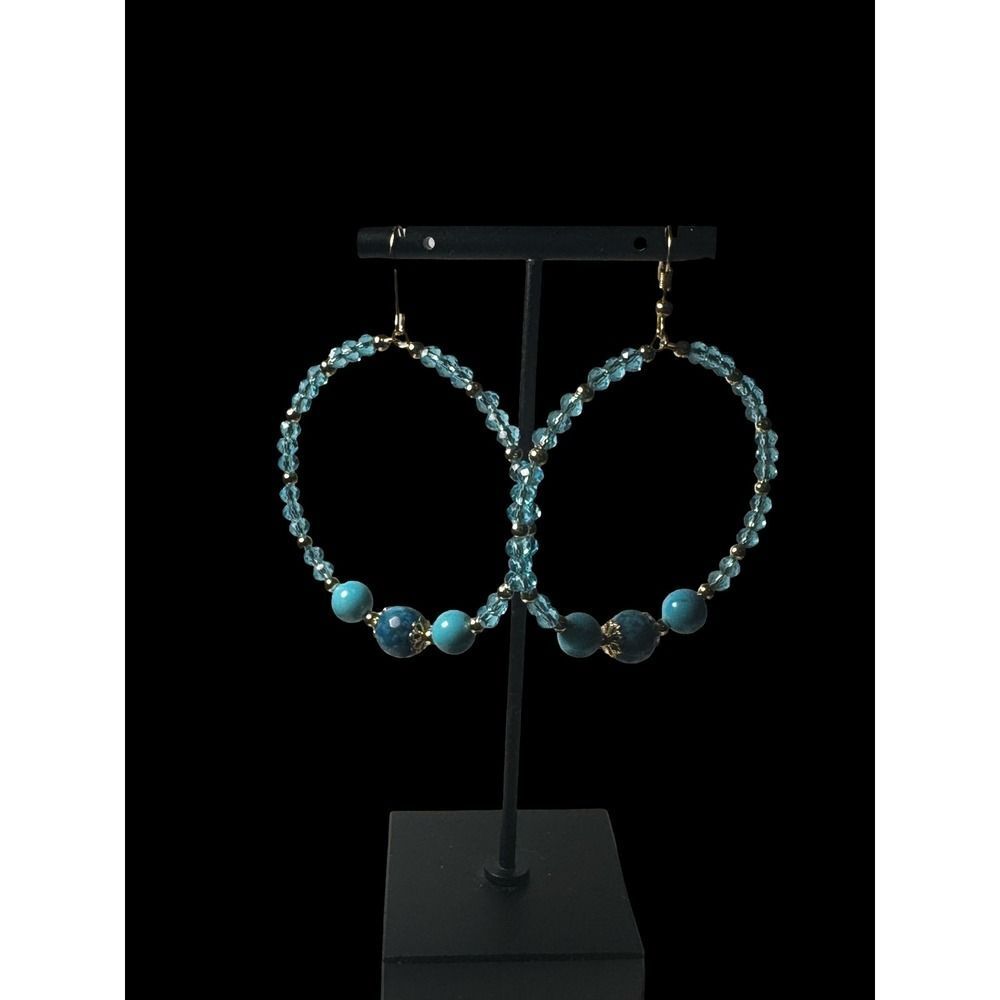 Blue Glass Beaded Hoop Earrings, Turquoise Dangle, Boho Lightweight Statement
